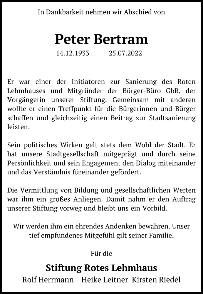  Traueranzeige für Peter Bertram vom 06.08.2022 aus Hannoversche Allgemeine Zeitung/Neue Presse