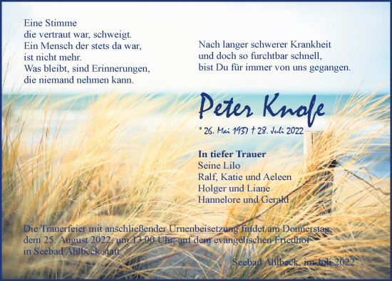 Traueranzeige von Peter Knofe von Ostsee-Zeitung GmbH