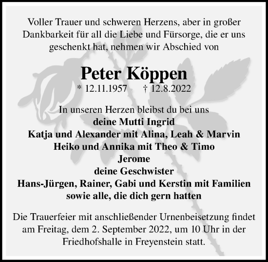 Traueranzeige von Peter Köppen von Märkischen Allgemeine Zeitung