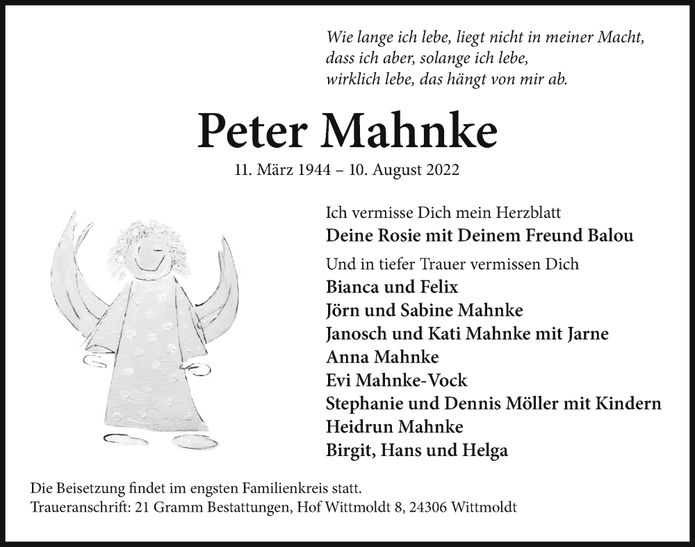  Traueranzeige für Peter Mahnke vom 13.08.2022 aus Kieler Nachrichten