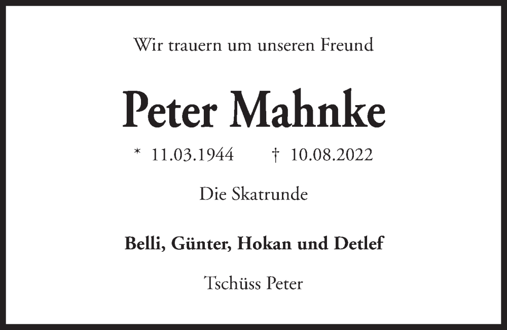  Traueranzeige für Peter Mahnke vom 20.08.2022 aus Kieler Nachrichten