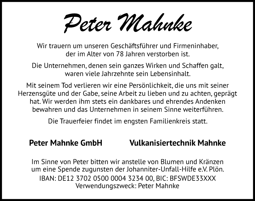  Traueranzeige für Peter Mahnke vom 13.08.2022 aus Kieler Nachrichten