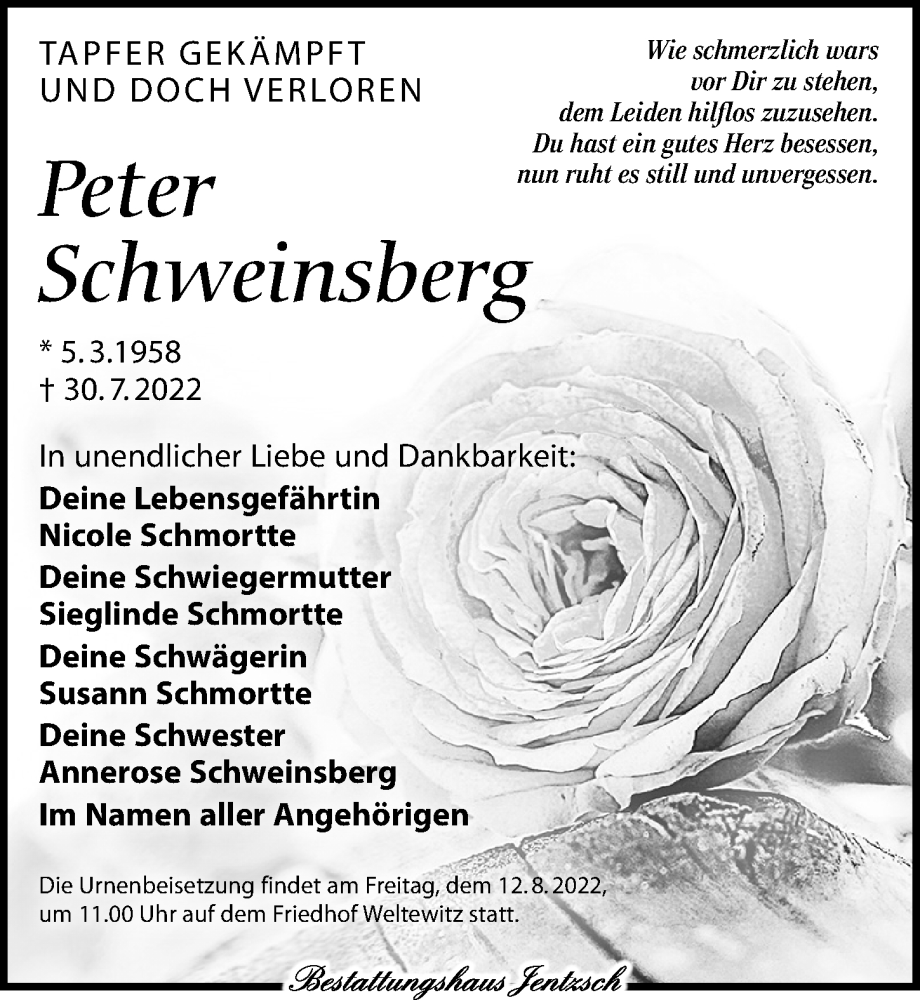  Traueranzeige für Peter Schweinsberg vom 06.08.2022 aus Leipziger Volkszeitung