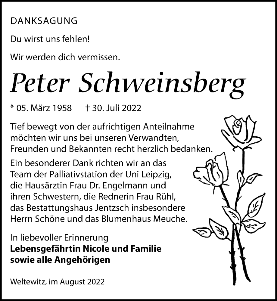 Traueranzeige für Peter Schweinsberg vom 20.08.2022 aus Leipziger Volkszeitung
