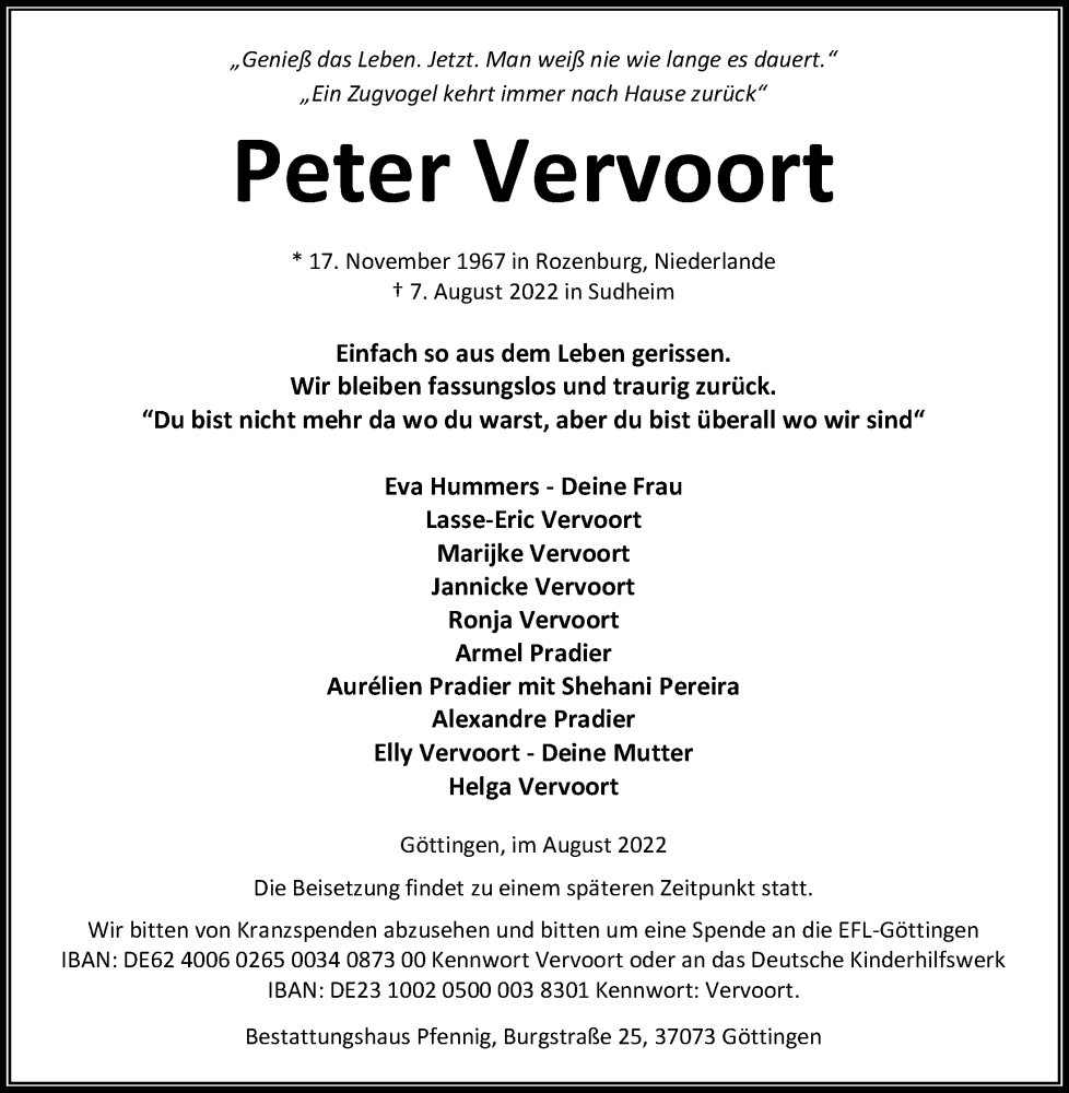  Traueranzeige für Peter Vervoort vom 13.08.2022 aus Göttinger Tageblatt