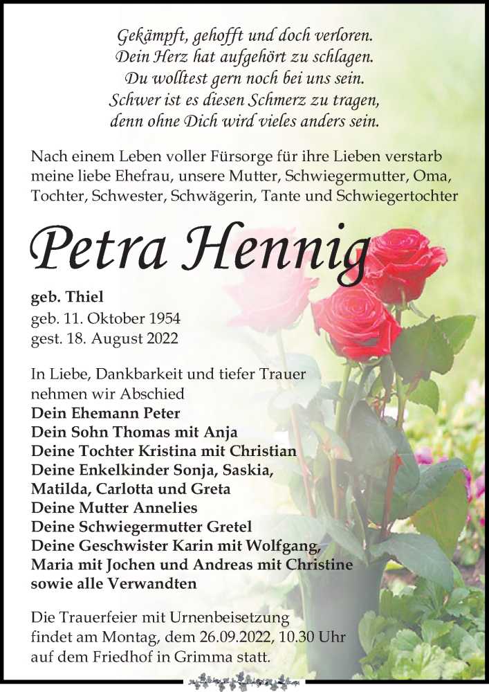  Traueranzeige für Petra Hennig vom 27.08.2022 aus Leipziger Volkszeitung