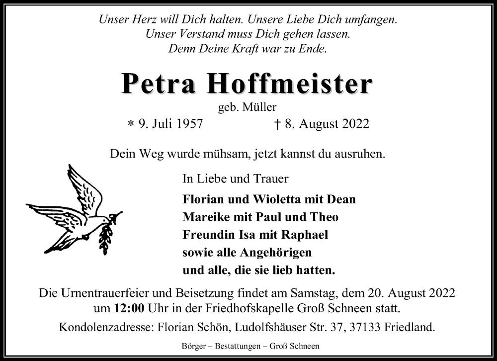  Traueranzeige für Petra Hoffmeister vom 13.08.2022 aus Göttinger Tageblatt