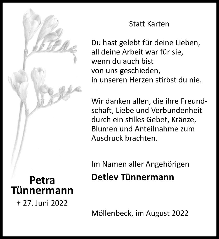  Traueranzeige für Petra Tünnermann vom 06.08.2022 aus Schaumburger Nachrichten