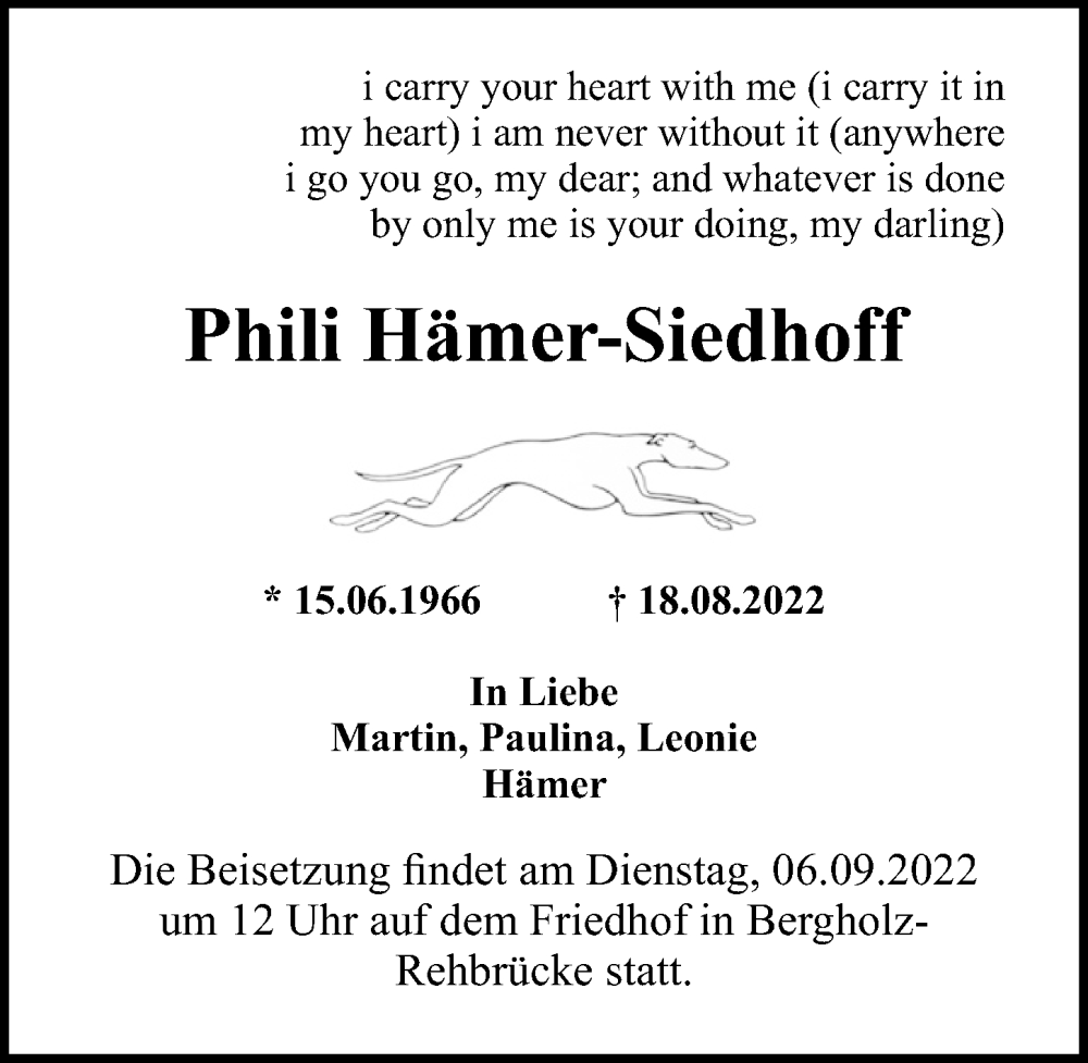  Traueranzeige für Phili Hämer-Siedhoff vom 27.08.2022 aus Märkischen Allgemeine Zeitung