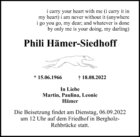 Traueranzeige von Phili Hämer-Siedhoff von Märkischen Allgemeine Zeitung