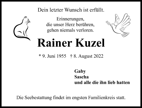 Traueranzeige von Rainer Kuzel von Kieler Nachrichten