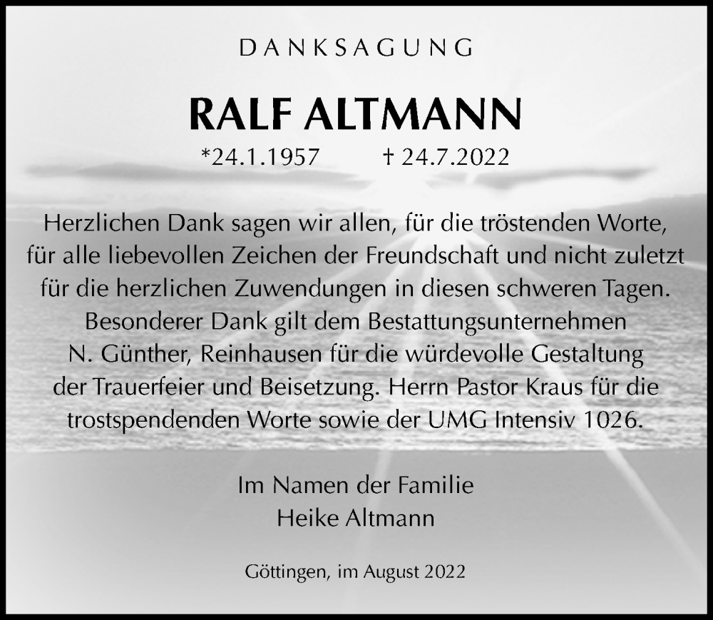  Traueranzeige für Ralf Altmann vom 13.08.2022 aus Göttinger Tageblatt