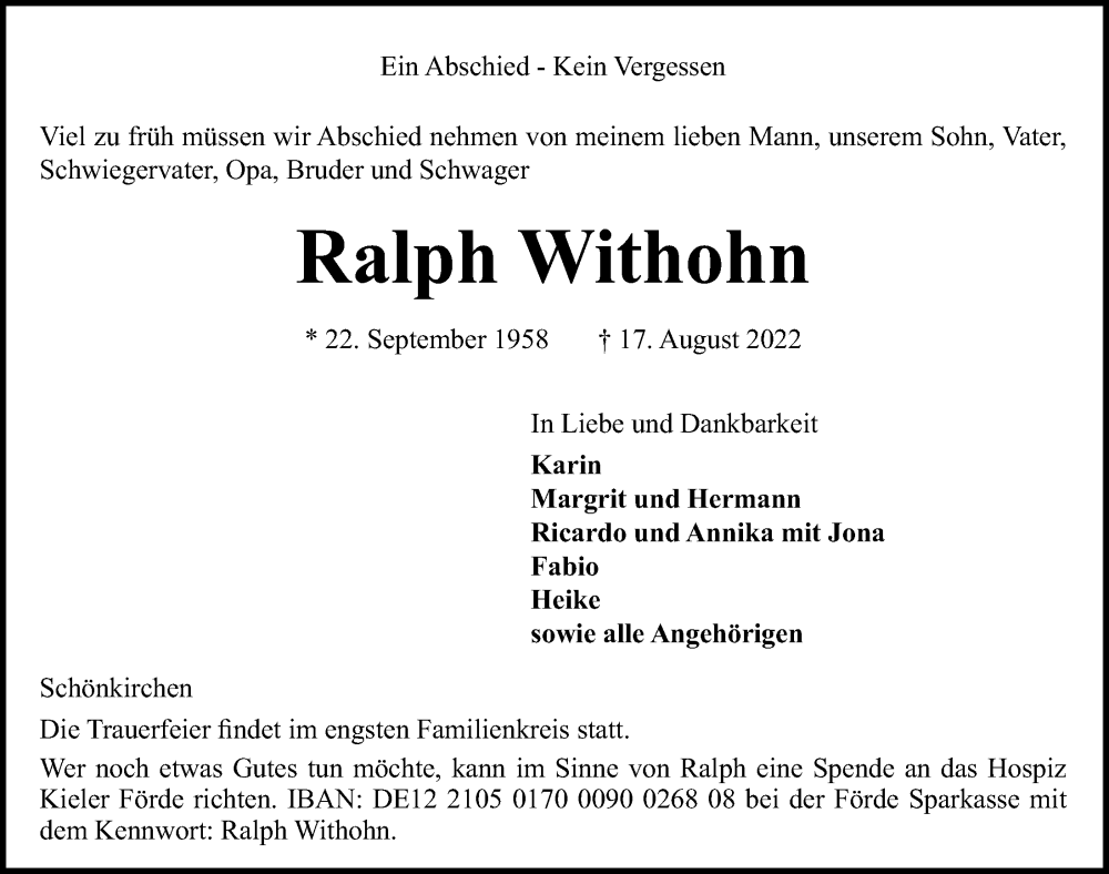  Traueranzeige für Ralph Withohn vom 20.08.2022 aus Kieler Nachrichten