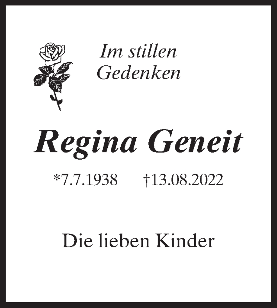  Traueranzeige für Regina Geneit vom 19.08.2022 aus Märkischen Allgemeine Zeitung
