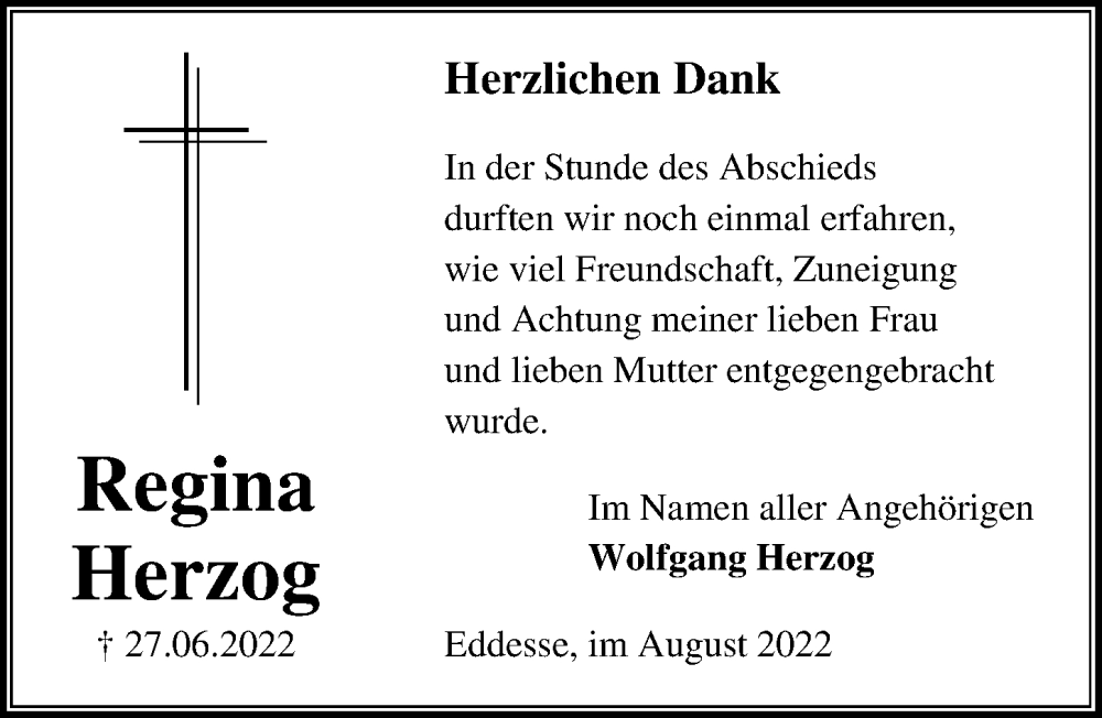  Traueranzeige für Regina Herzog vom 06.08.2022 aus Peiner Allgemeine Zeitung