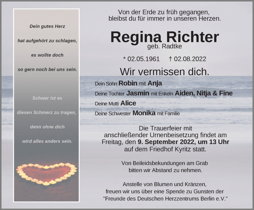 Traueranzeige für Regina Richter vom 27.08.2022 aus Märkischen Allgemeine Zeitung