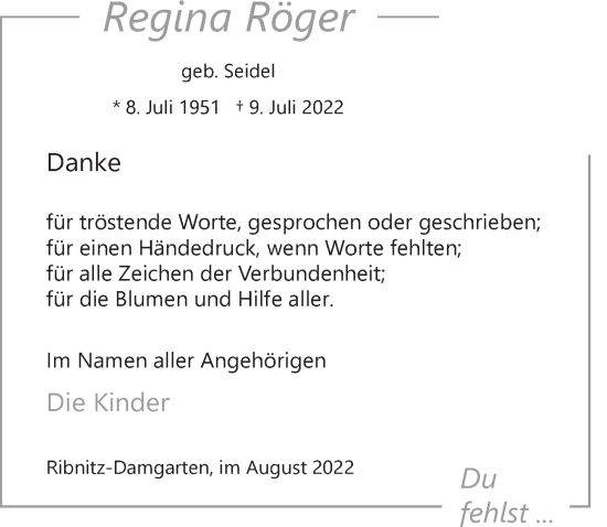 Traueranzeige von Regina Röger von Ostsee-Zeitung GmbH