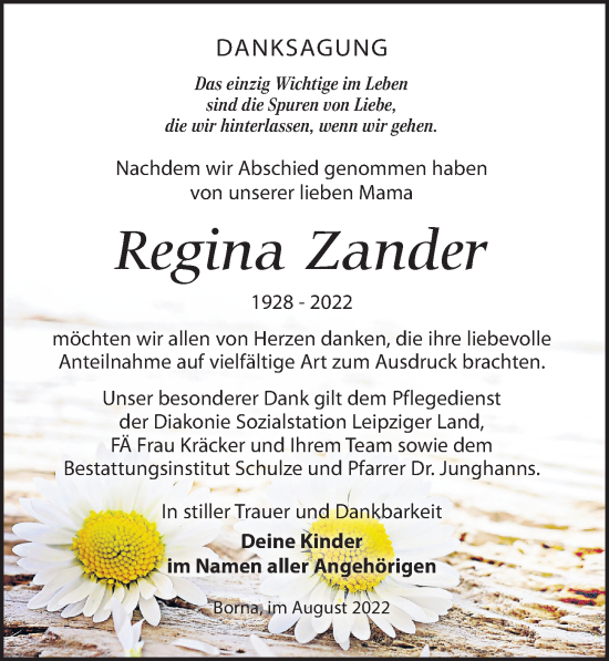 Traueranzeige von Regina Zander von Leipziger Volkszeitung