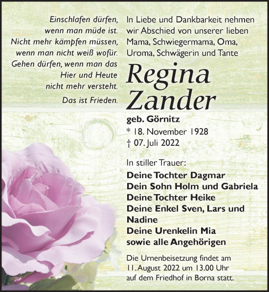 Traueranzeige von Regina Zander von Leipziger Volkszeitung