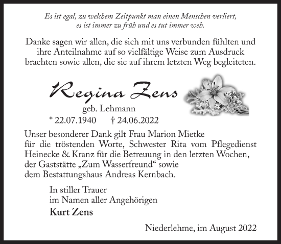 Traueranzeige von Regina Zens von Märkischen Allgemeine Zeitung