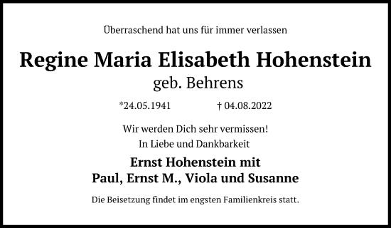 Traueranzeige von Regine Maria Elisabeth Hohenstein von Hannoversche Allgemeine Zeitung/Neue Presse
