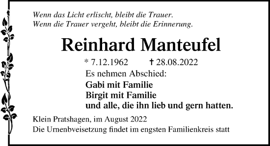 Traueranzeige von Reinhard Manteufel von Ostsee-Zeitung GmbH