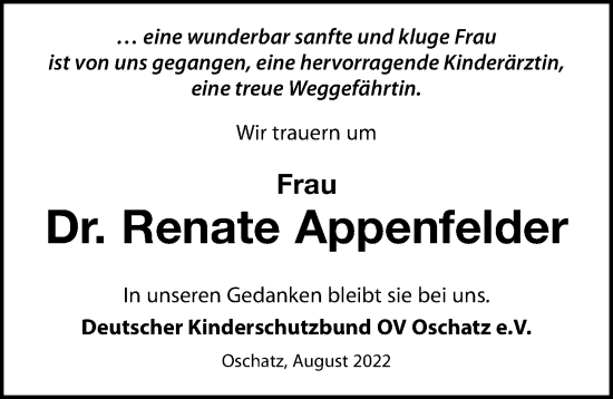 Traueranzeige von Renate Appenfelder von Leipziger Volkszeitung