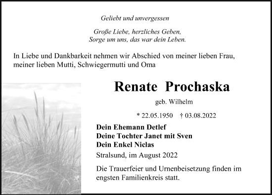 Traueranzeige von Renate Prochaska von Ostsee-Zeitung GmbH