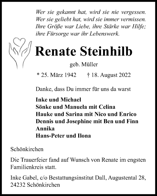 Traueranzeige von Renate Steinhilb von Kieler Nachrichten