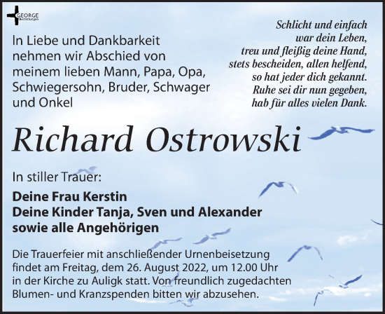 Traueranzeige von Richard Ostrowski von Leipziger Volkszeitung