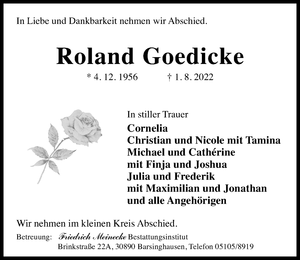  Traueranzeige für Roland Goedicke vom 06.08.2022 aus Hannoversche Allgemeine Zeitung/Neue Presse