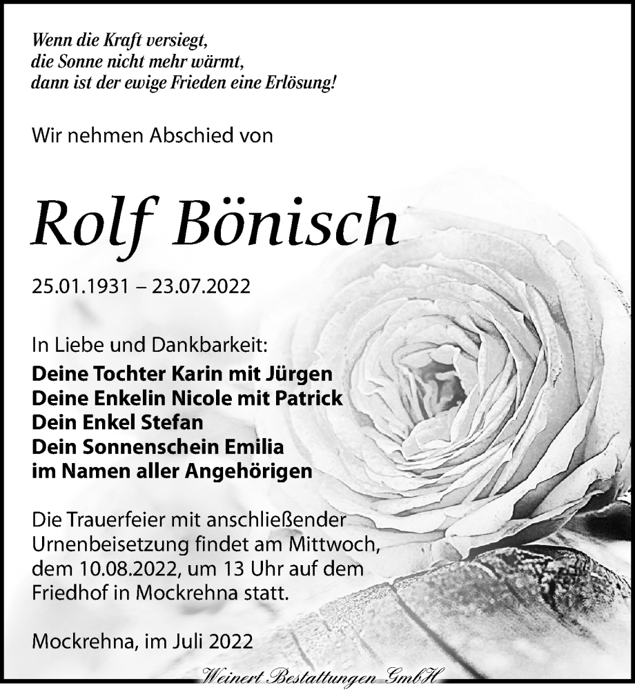  Traueranzeige für Rolf Bönisch vom 06.08.2022 aus Torgauer Zeitung