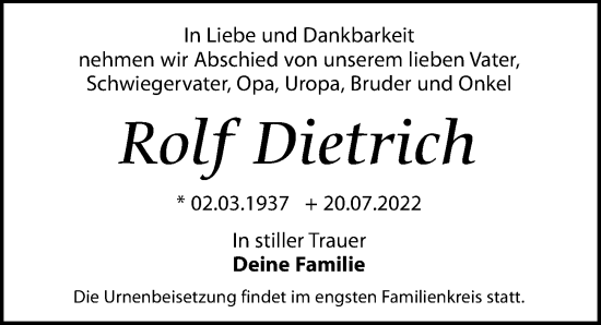 Traueranzeige von Rolf Dietrich von Leipziger Volkszeitung