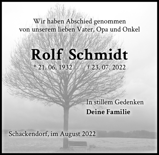 Traueranzeige von Rolf Schmidt von Kieler Nachrichten