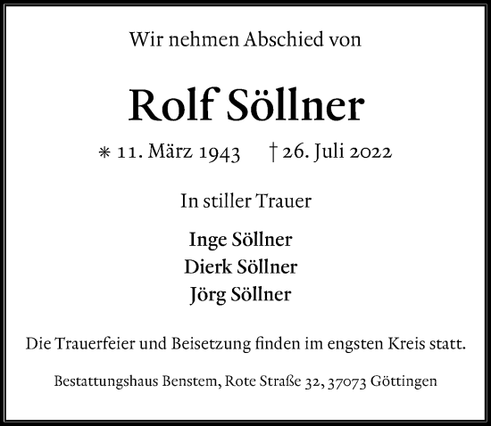 Traueranzeige von Rolf Söllner von Göttinger Tageblatt
