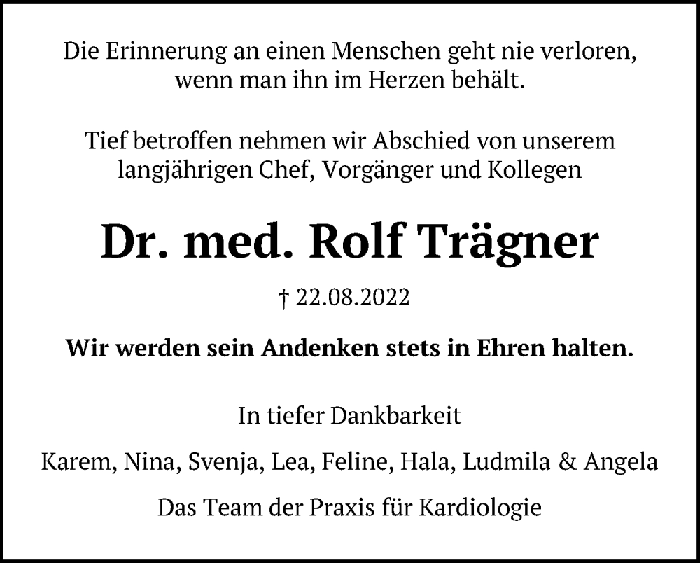  Traueranzeige für Rolf Trägner vom 27.08.2022 aus Aller Zeitung