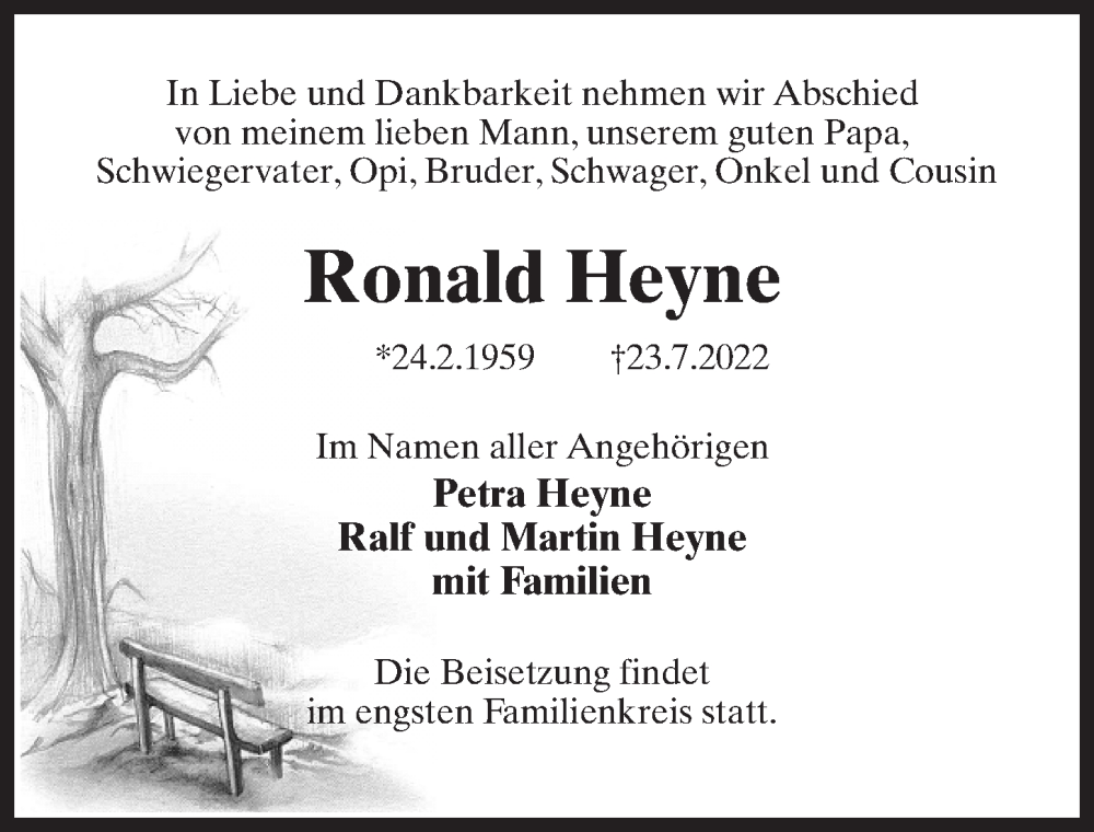  Traueranzeige für Ronald Heyne vom 06.08.2022 aus Märkischen Allgemeine Zeitung