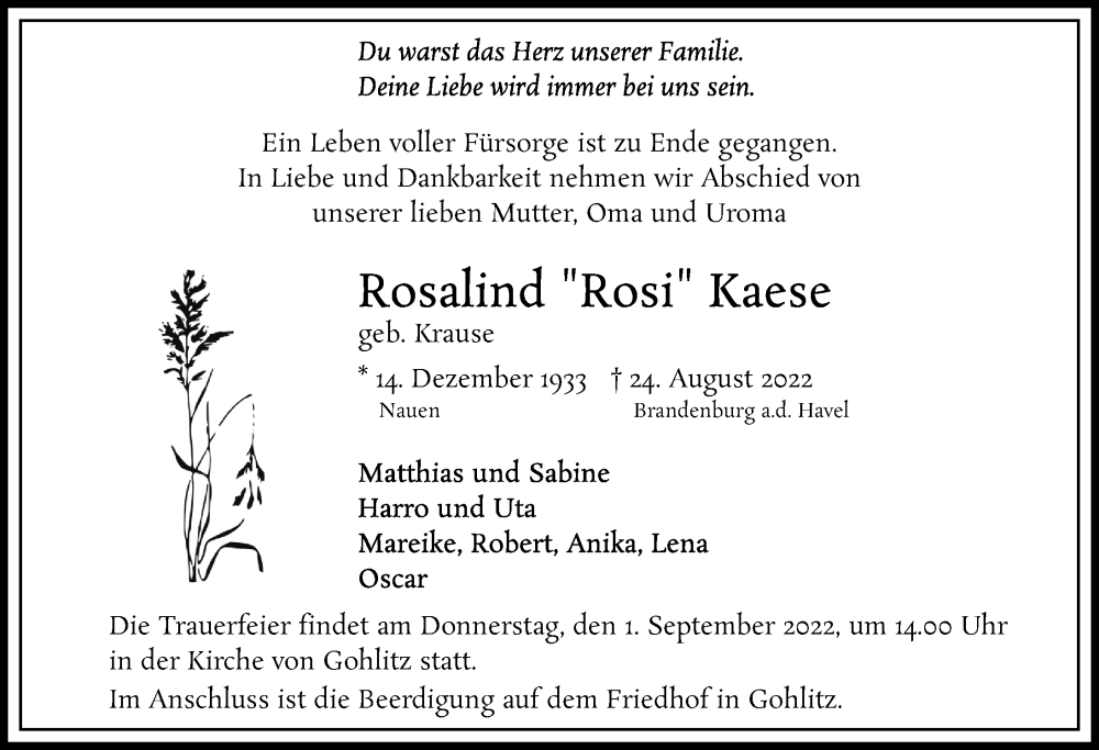  Traueranzeige für Rosalind Kaese vom 27.08.2022 aus Märkischen Allgemeine Zeitung