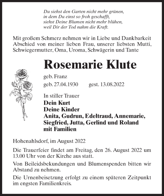 Traueranzeige von Rosemarie Klute von Märkischen Allgemeine Zeitung