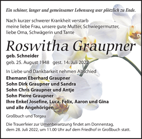 Traueranzeige von Roswitha Graupner von Leipziger Volkszeitung