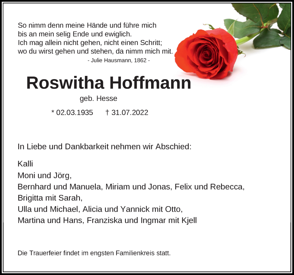  Traueranzeige für Roswitha Hoffmann vom 06.08.2022 aus Hannoversche Allgemeine Zeitung/Neue Presse