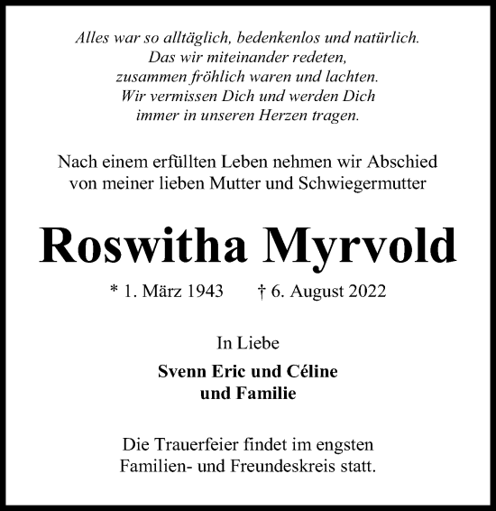 Traueranzeige von Roswitha Myrvold von Kieler Nachrichten