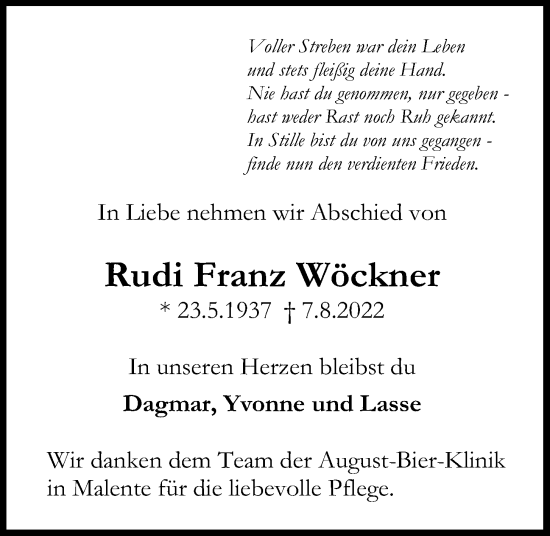 Traueranzeige von Rudi Franz Wöckner von Kieler Nachrichten