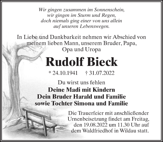 Traueranzeige von Rudolf Bieck von Märkischen Allgemeine Zeitung