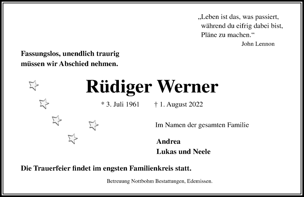  Traueranzeige für Rüdiger Werner vom 13.08.2022 aus Peiner Allgemeine Zeitung