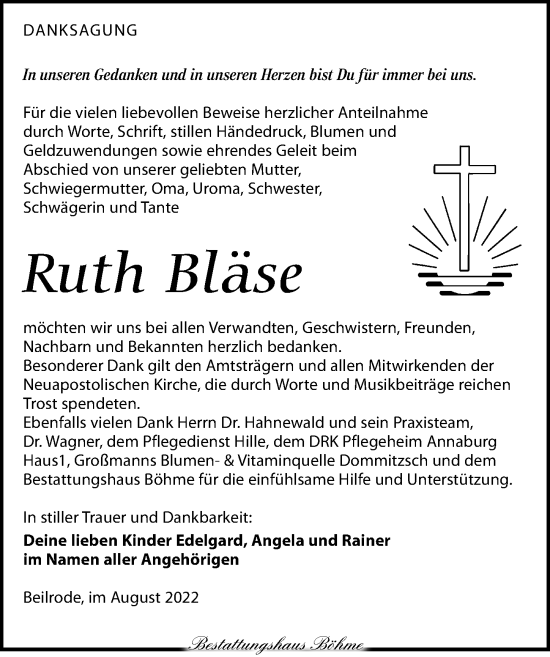 Traueranzeige von Ruth Bläse von Torgauer Zeitung