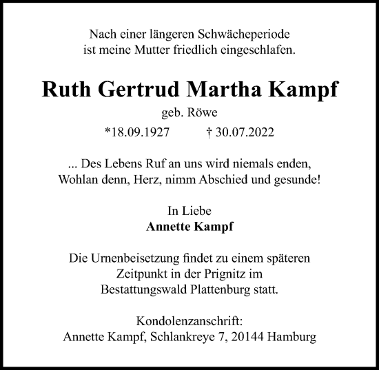 Traueranzeige von Ruth Gertrud Martha Kampf von Märkischen Allgemeine Zeitung