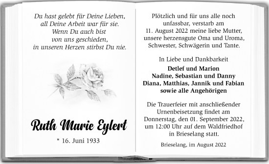 Traueranzeige von Ruth Marie Eylert von Märkischen Allgemeine Zeitung
