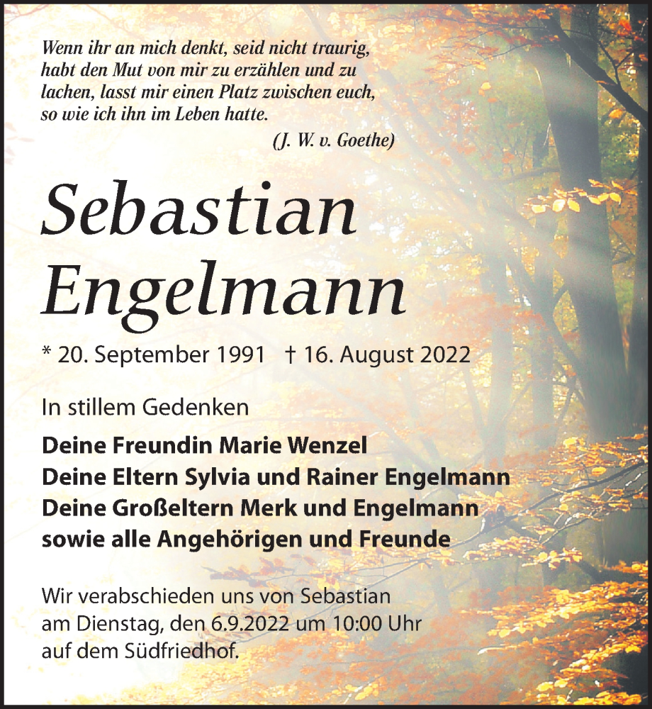  Traueranzeige für Sebastian Engelmann vom 27.08.2022 aus Leipziger Volkszeitung