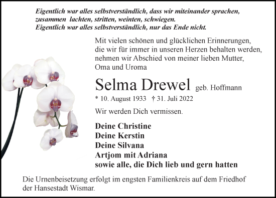 Traueranzeige von Selma Drewel von Märkischen Allgemeine Zeitung